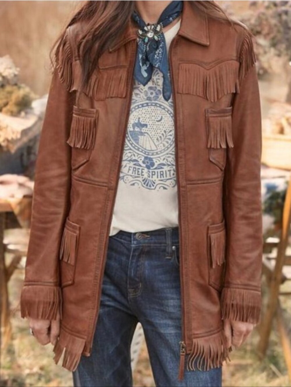 Sundance “Ellis” 100% Leather Fringe Western Jacket Brown XS NWOT